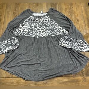 Emerald Charcoal Blouse with Cheetah Print Detail